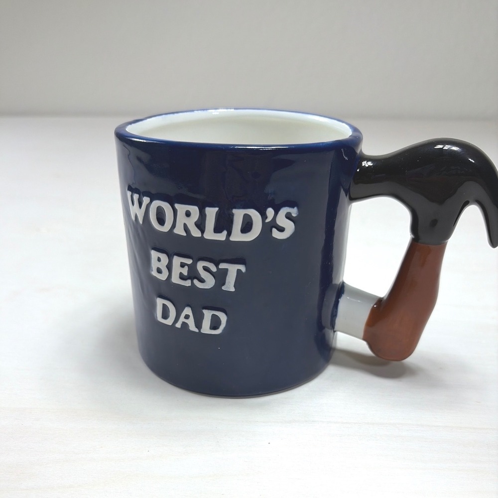 Worlds Best Dad Coffee Mug Hammer Handle Navy Blue Ceramic Novelty Handyman Gift